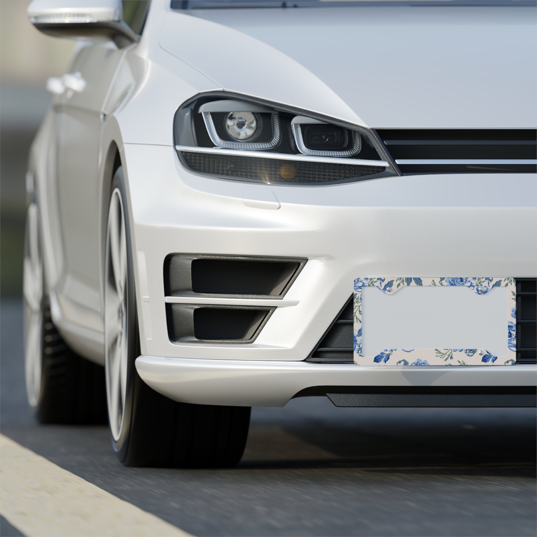 Blue Floral Metal License Plate Frame