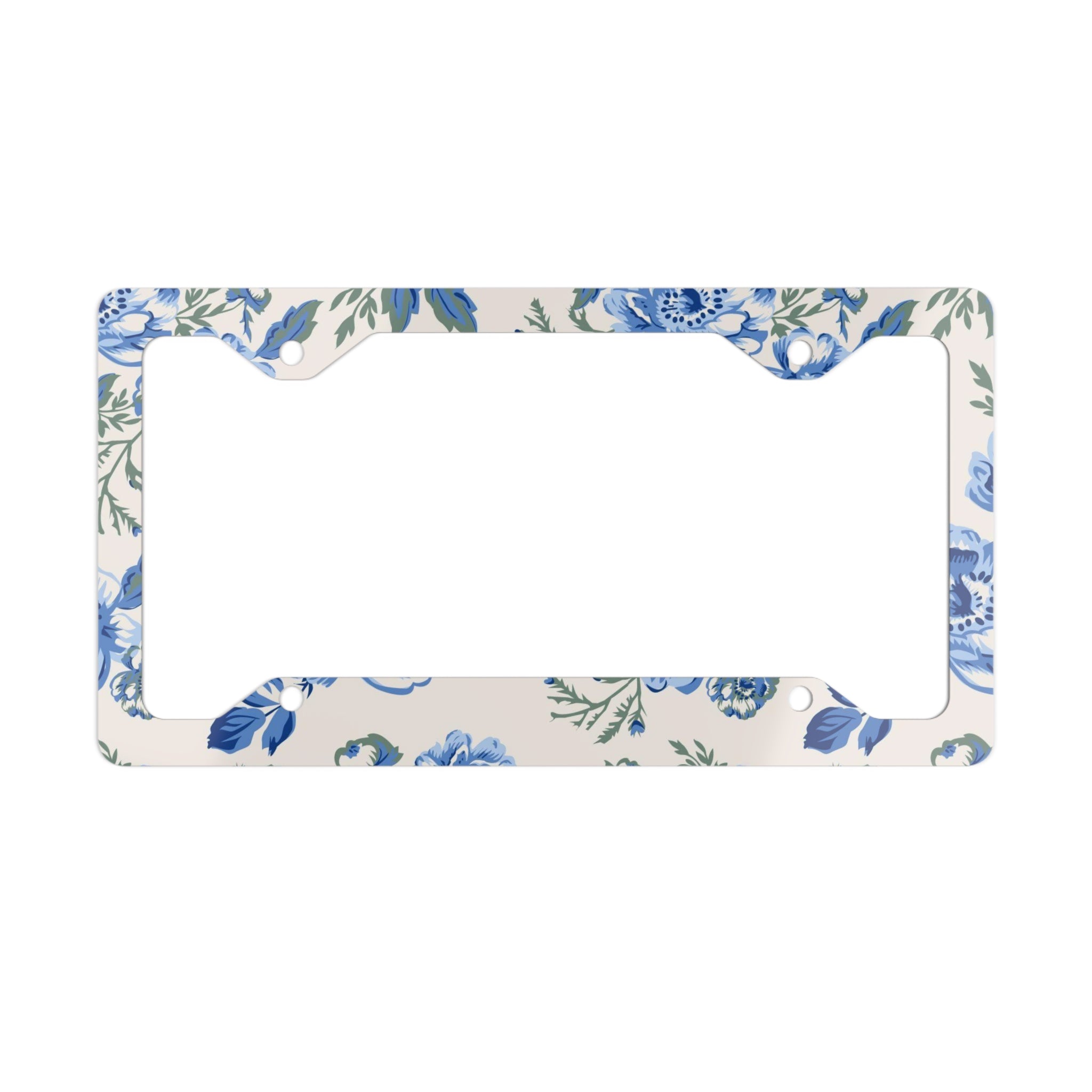 Blue Floral Metal License Plate Frame