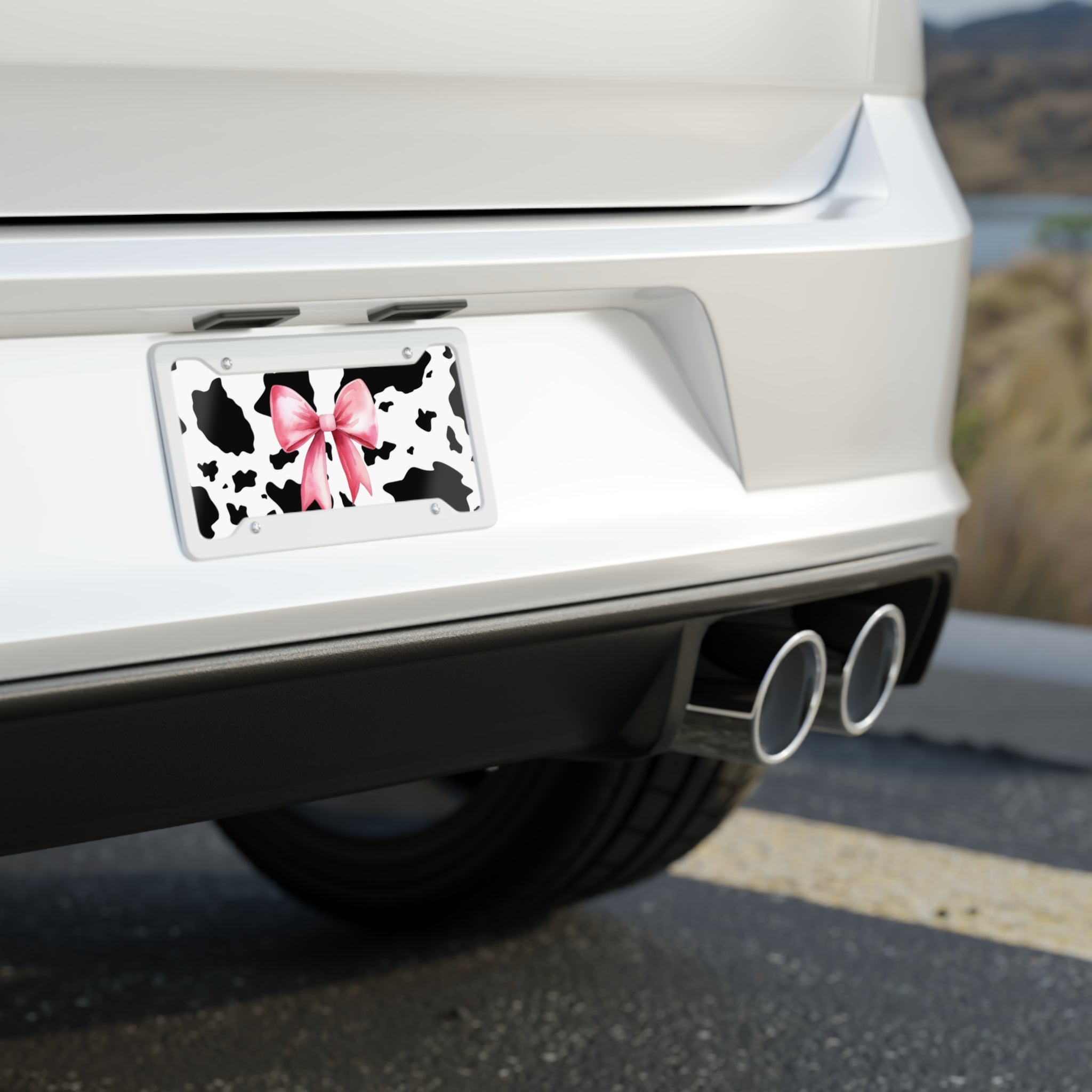 Cow Print License Plate with Pink Bow