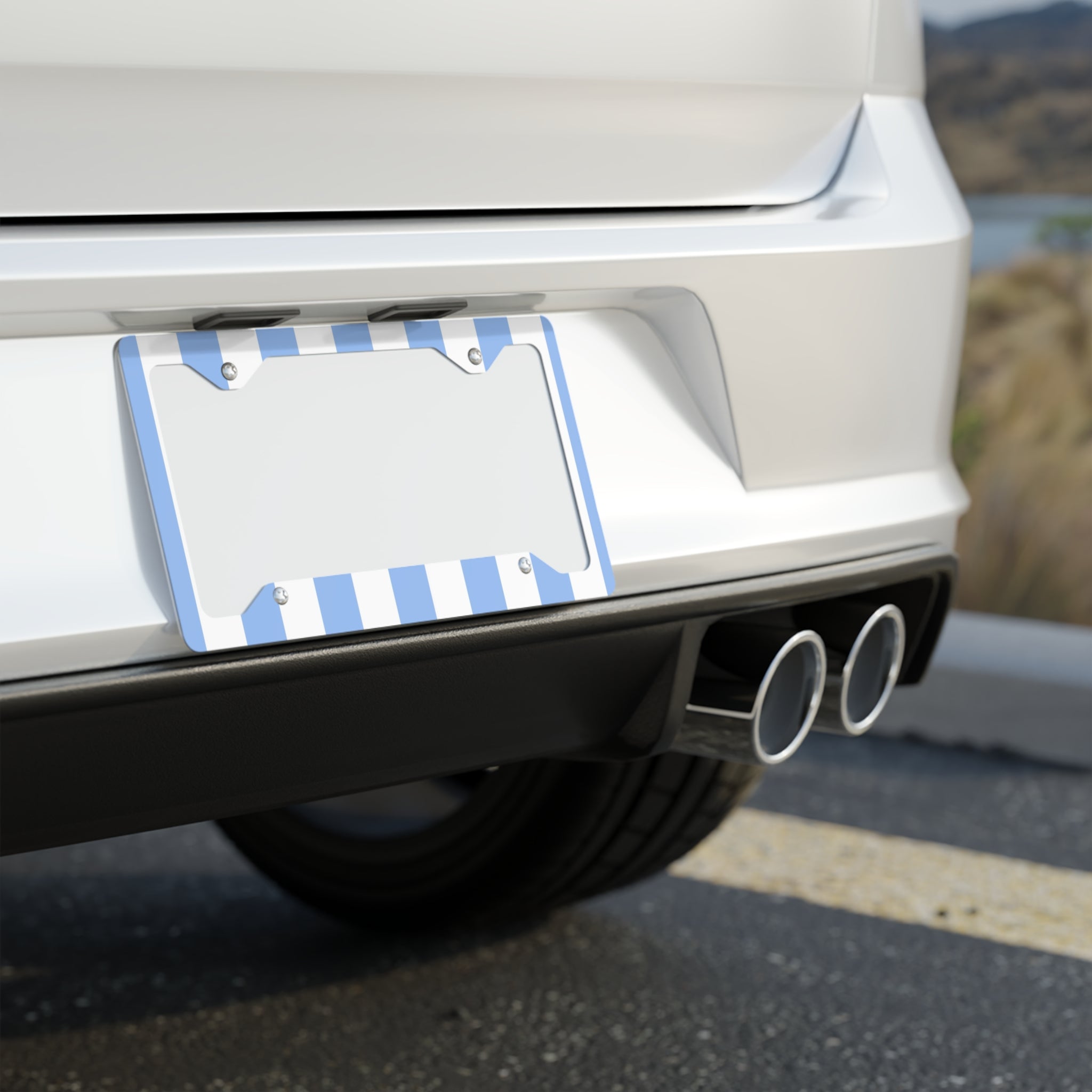 Blue Stripe Metal License Plate Frame